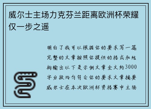 威尔士主场力克芬兰距离欧洲杯荣耀仅一步之遥